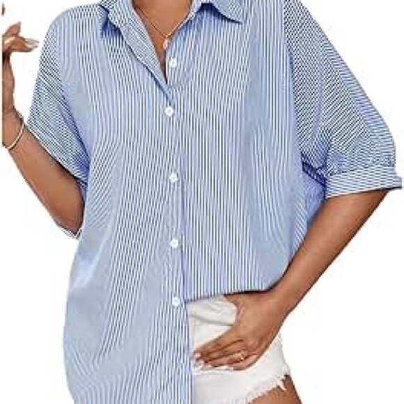 Day + Moon Tops - Classic Blue Striped Button Down Shirt for Women